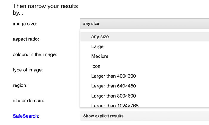 image size options on Google advanced image search Tool