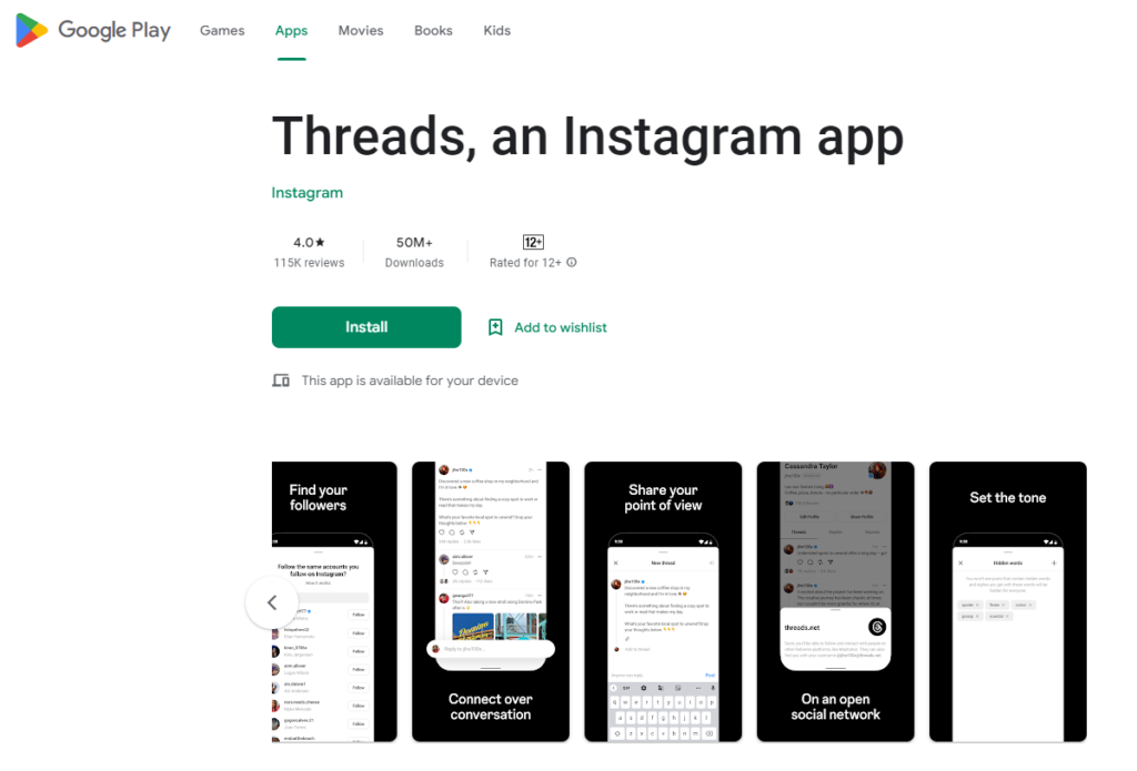 Instagram Threads Download on Google Play Store